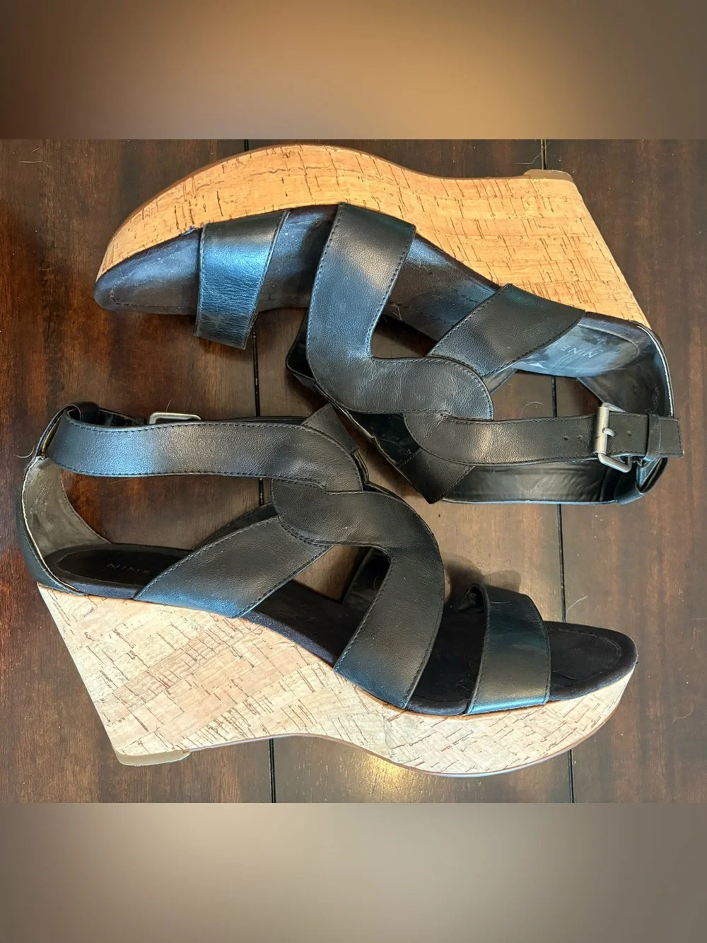 Nine West Black Leather Cork Wedge Sandals